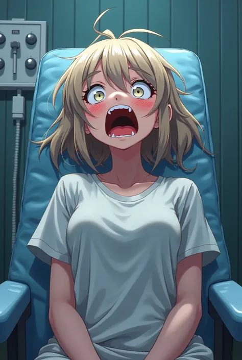 Anime girl(wearing a lipstick) getting an ECT sitting in a therapy chair screaming in pain