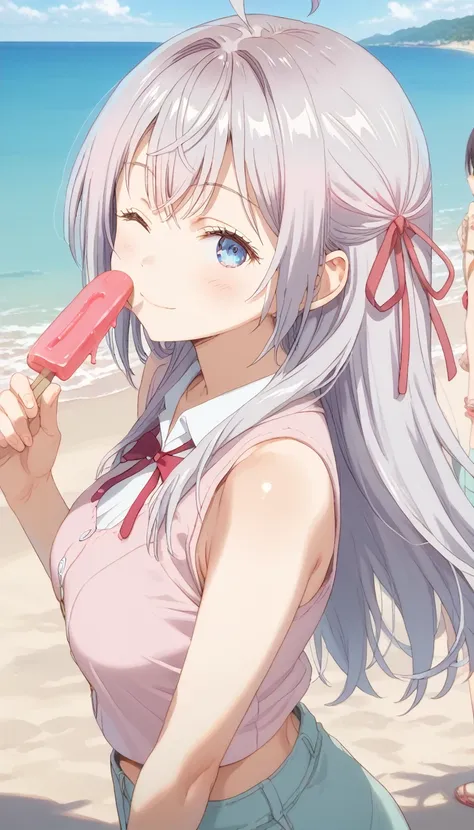 kissing melted popsicle,wink, score_9, score_8_up, score_7_up, source_アニメ, masterpiece, absurdres, medium breasts, mature woman ...