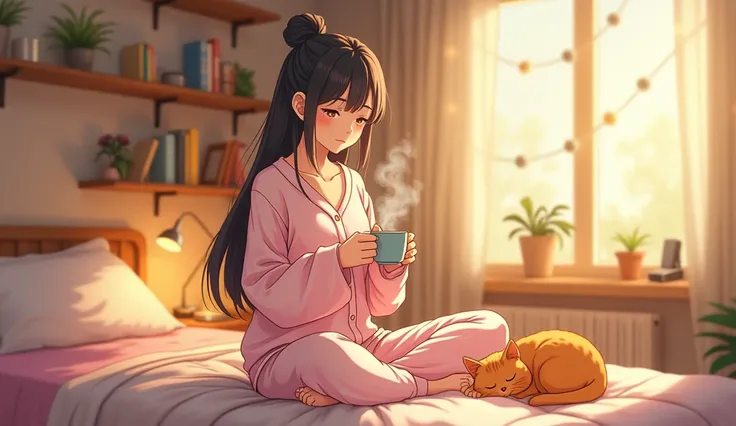 An anime-style illustration of a cozy, warmly lit room with soft ambient lighting. The scene features a young Asian girl with long, straight hair, tied up in a loose, comfortable bun. She is dressed in soft, homey loungewear: a light pink, oversized cardig...