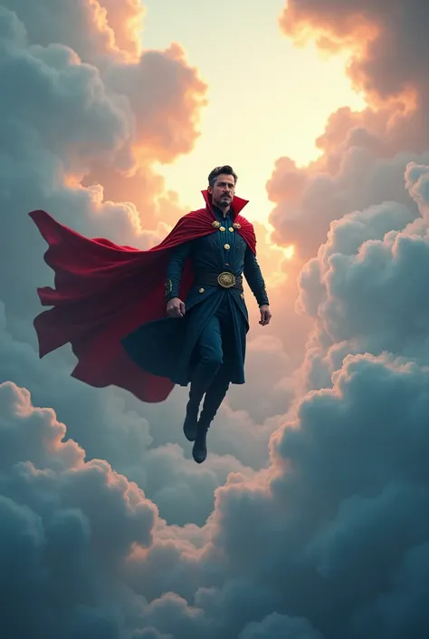 Make the image  of  dr strange in black shoot flying over clouds 