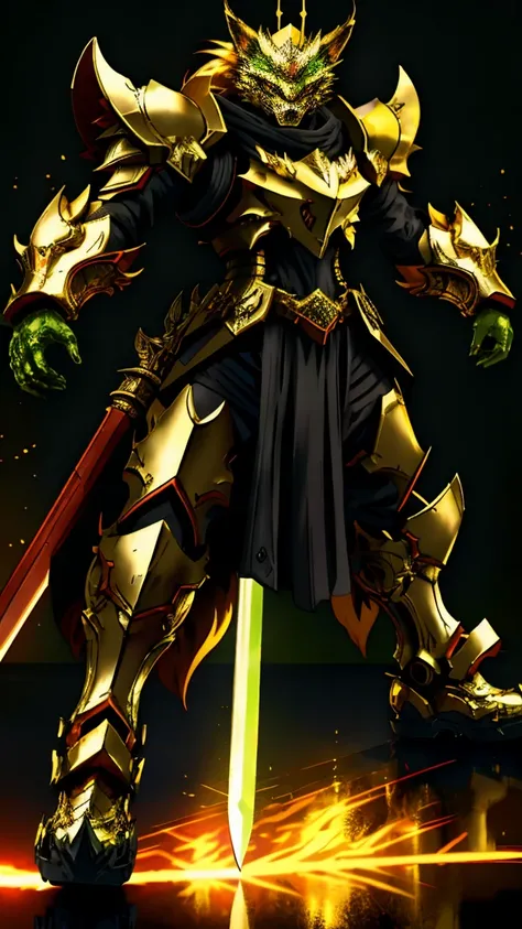 Full body golden dragon armor　A helmet in the shape of a growling wolf　Her eyes shine green　Holding a flaming green one-handed sword　In the dark city