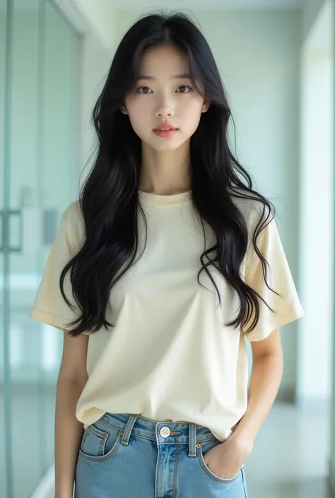 A medium shot of a cute, young, and attractive Korean teenage girl with long black open hair. She is standing and taking full selfie she is wearing a off white t-shirt and jeans. She had a medium breast The background is a soft blurred clinic