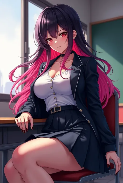 A girl anime with long pink and black hair, Red eye color, Wear school uniform but in a cool and stylish way ,Arrogant, looked with disdain, sat on a school chair and put her feet up on the desk, F cup