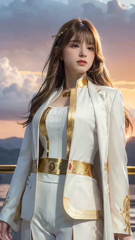 ((Masterpiece, best quality, very detailed), Volumetric light, surrounding occlusion, Rich and colorful, glow), 1 woman, lonely, young girl, (Brown bangs), long hair, radius, radius, sacred, goddess, Priesthood, (White suit with gold trim:1.3), armor, outd...