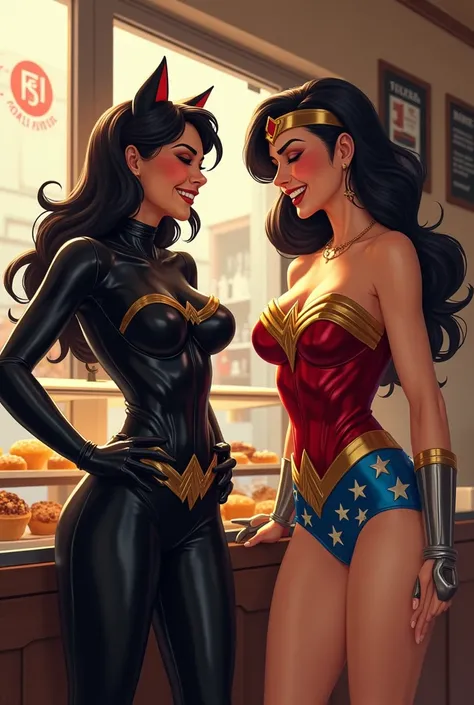 Catwoman and Wonder woman laughing at bakery 