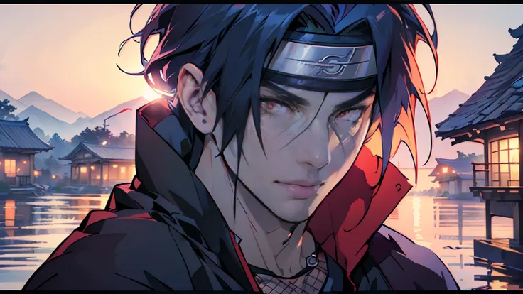 solo, male, masculine features, itachi uchiha, naruto shippuden, dark blue hair, leaf village headband crossed out, red eyes, sh...