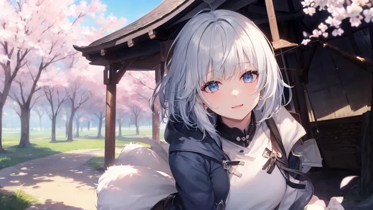 Ultra HD,Look at the viewers, and, 20-year-old, 非常にshort hair, Long bangs between the eyes, Pale blue eyes, Very detailed,(masterpiece、Highest quality),Gray Hair、Laughter、wonderful, Silver Hair, iris, short hair、Small face、明るいsmile、(Detailed face) ,Profess...