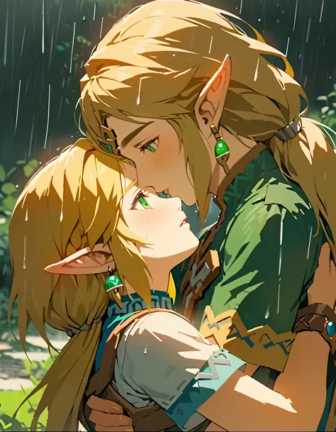 Super detailed, High resolution, Beautiful young man Link and Zelda embrace each other,Gazing at each other、Passionate kissing、Hug、Love each other、Blonde、expressive green eyes, The Legend of Zelda, Pointed Ears, Realistic Face、rain、Shade、