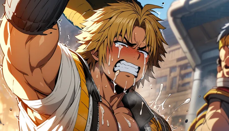 highest quality,huge muscles,the face is tidus,full color,tidus,massive ,crying face,clear fluid dripping from erect penis,open ...