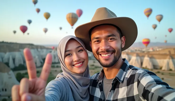 Indonesian couple on vacation outdoors, exuding happiness with subtle, contented smiles. They are posing for a selfie against a beautiful scenic background. The woman on the left is wearing a light gray hijab that drapes gracefully over her shoulders. She ...