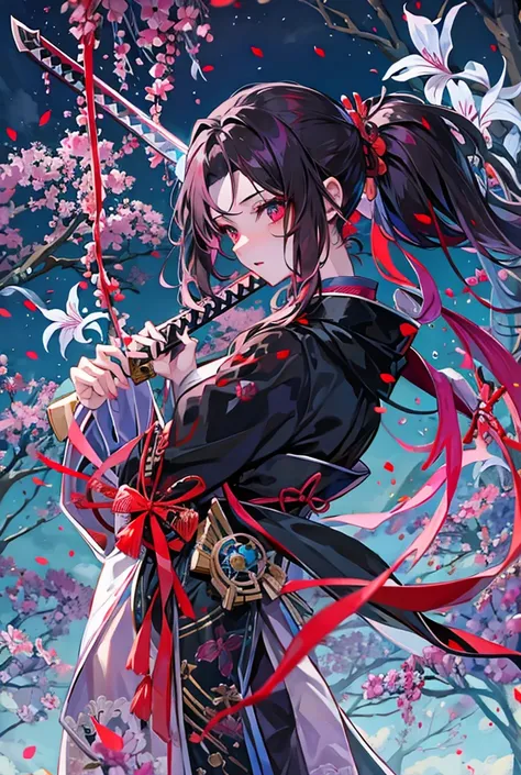 Rin々A beautiful swordswoman,Legendary Holy Sword,Sensual,Glossy lips,Textured skin, Highest quality, ponytail, Shiny Hair, Black kimono with red spider lilies embroidered,blue eyes, Blindfold,Anime Style, 