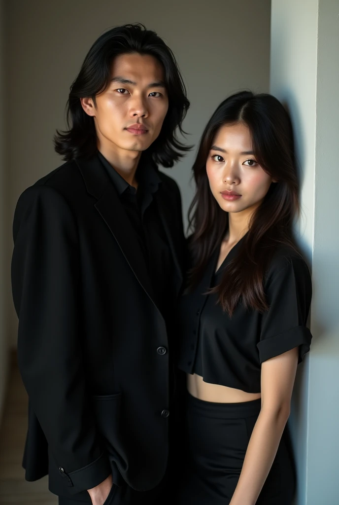 An Asian guy who is 30 years old but looks young is that next to him is an Asian girl and that both are looking in front of the camera and that the guy is dressed in black and the girl is wearing a short black blouse and a black skirt and that the guy has ...