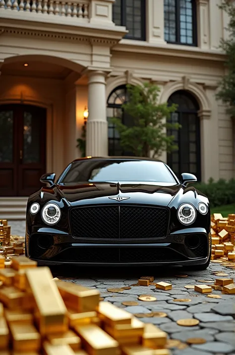 A new black Bentley has a new technology state of the art beat machine sitting on it parked outside a mansion.with gold bars and stacks of cash all around and big speakers bumping