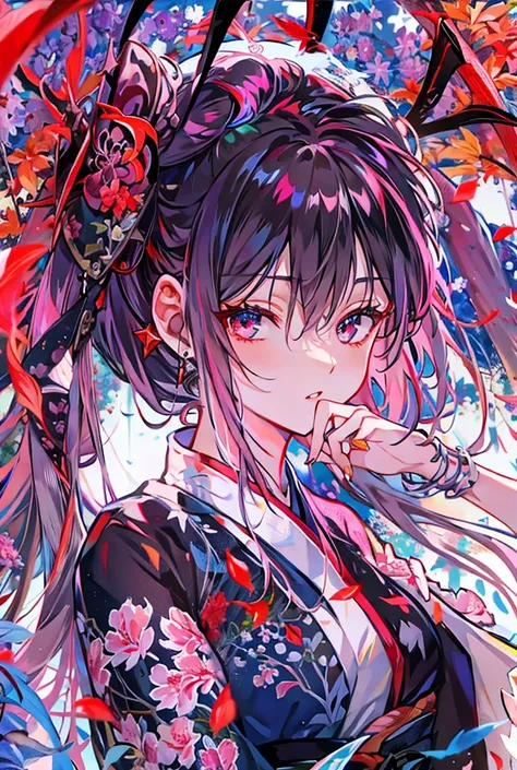 Rin々Shii,The female hero chosen by the holy sword Excalibur,Sensual,Glossy lips,Textured skin, Highest quality, ponytail, Shiny Hair, Black kimono with red spider lilies embroidered,blue eyes,Anime Style, 