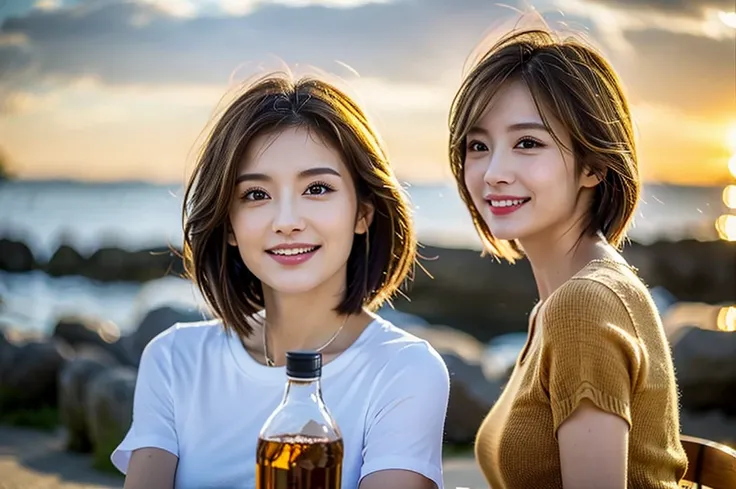 (Realistic, 超Realistic:1.4), 16k hdr, High resolution,Brown short hair,The best smile、Slim couple、Model Couple、Japanese actress,Super Beauty(Like the real thing),Short sleeve dress,Whiskey Bottle、The Macallan、Johnnie Walker、、Old Parr、whiskey、Suntory、Nikka、...