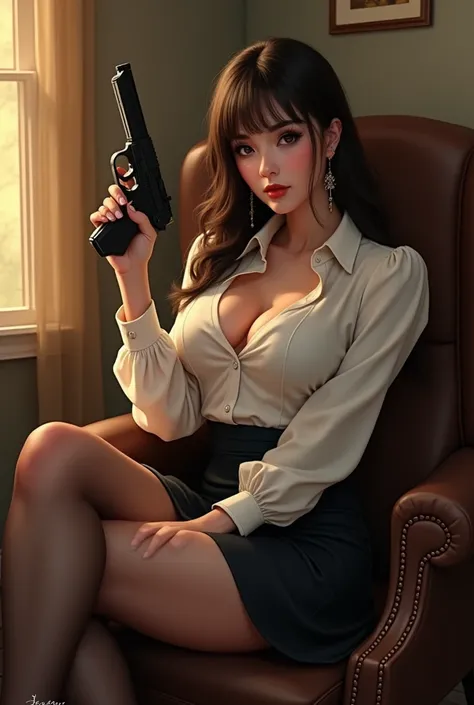 photorealistic, beautiful young woman, 1, gorgeous face, kind expression, winged_eyeliner, sitting with thighs crossed on rolling_chair, pointing a gun, wearing tight white_blouse and black skirt with stockings, earrings, large bust, indoors, soft lighting...