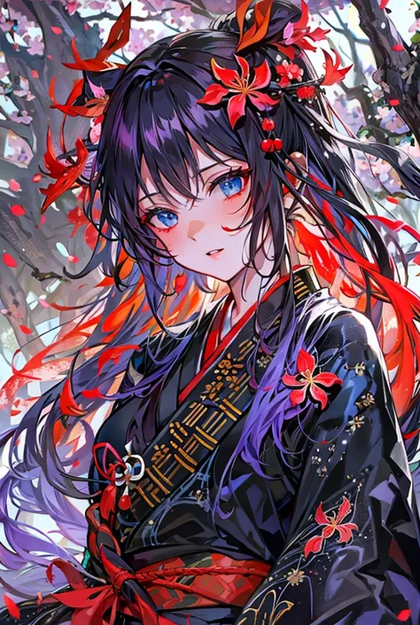 Rin々Shii,The female hero chosen by the holy sword Excalibur,Sensual,Glossy lips,Textured skin, Highest quality, ponytail, Shiny Hair, Black kimono with red spider lilies embroidered,blue eyes,Anime Style, 