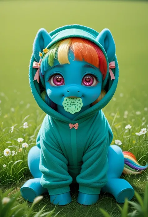 blue pony pegasus alone, blue wool, adult filly, rainbow mane, gathered in a green bonnet, rainbow tail, cherry eyes, sitting outside on the grass, wearing a green onesie with holes for wings, green pacifier in mouth, solo, thick light green diaper under c...