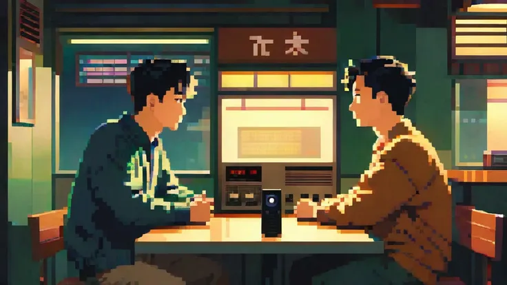 Lo-Fi、Chill、Only two men in their twenties are depicted.、暗い部屋でRadio programの収録中、sit facing each other.、evening、indirect lighting、Retro、Radio program、Both have serious expressions、Make a gesture