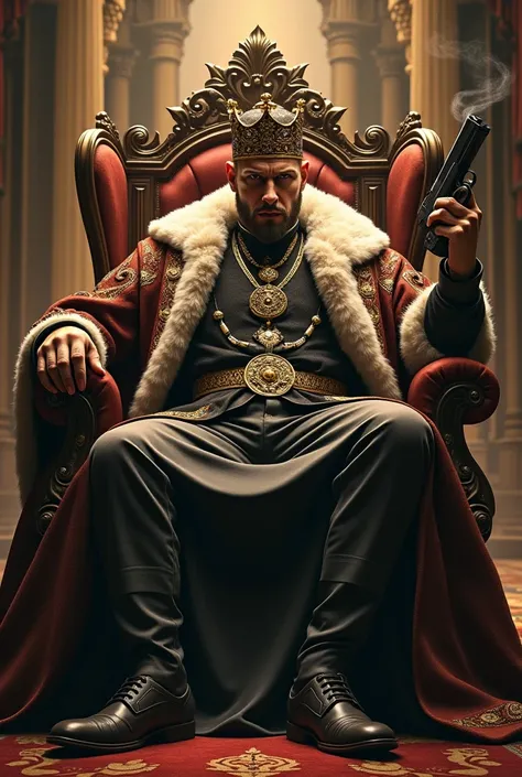 A king sitting on his chair with gun in his hand and a cigarette in mouth 