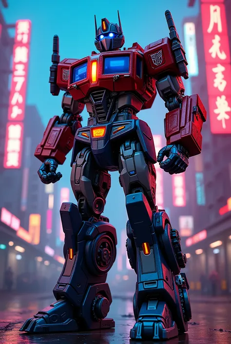 intricate detailed cyberpunk Optimus Prime Kamen Rider, highly detailed mechanical cyborg Rider Prime, advanced futuristic mecha, dynamic action pose, cinematic dramatic lighting, vivid neon colors, (best quality,4k,8k,highres,masterpiece:1.2),ultra-detail...