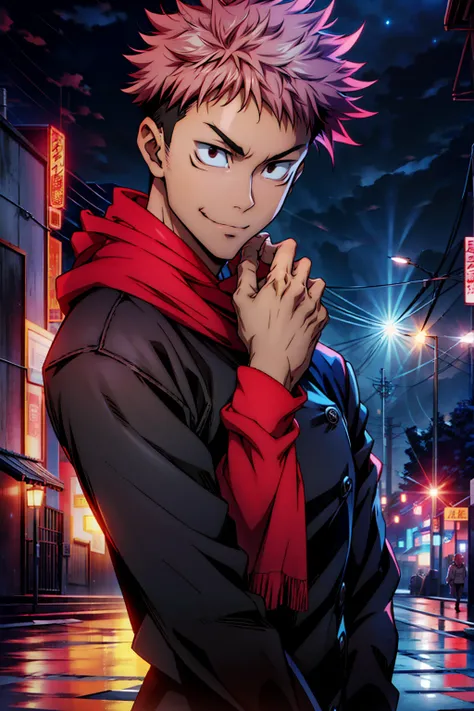 1boy, full body shot, 173 cm,perfect hand and fingers, itadori yuuji, black outfit, pink hair, look at sky, smirk, red and dark moon city night background, wallpaper, cinematic,High resolution 8K, Bright light illumination, lens flare, sharpness, masterpie...