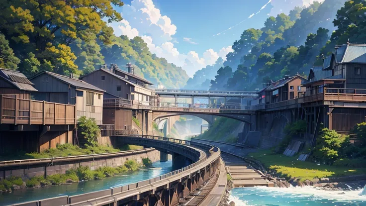 A  watches a train travelling along the tracks near a river, Tokyo Anime Scene, Highly detailed digital art in 4K, anime art wallpaper 4k, anime art wallpaper 4k, Beautiful Art UHD 4K, Anime-style streetscape, 4K Detailed Digital Art, Makoto Shinkai Cyril ...