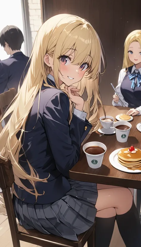 Two Women、Sisters、beautiful girl、Cafe、Sit on a chair、Cafeオレを両手で持つ、Drink through a straw、Pancakes on the table、high school girl、Cafeテリア、目を閉じてsmile、smile、Blazer uniform、Pleated skirt、Black knee-high socks、Long Hair、Highest quality、Ultra HD、Black Hair、There a...