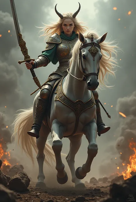 Lady Sagittarius, centaur, sword handle, Wear armor, battlefield scene