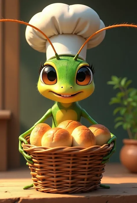 Happy green female cricket with chef hat and with a basket of bread

