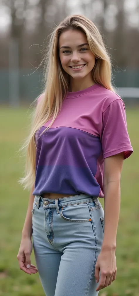 a close up of a Young woman in a purple and blue shirt, purple top, sport t-shirt, gorgeous lady, violet coloured t-shirt, wearing a volleyball jersey, gorgeous female, pink and purple, purple and pink leather garments, magenta shirt, split dye, purple and...