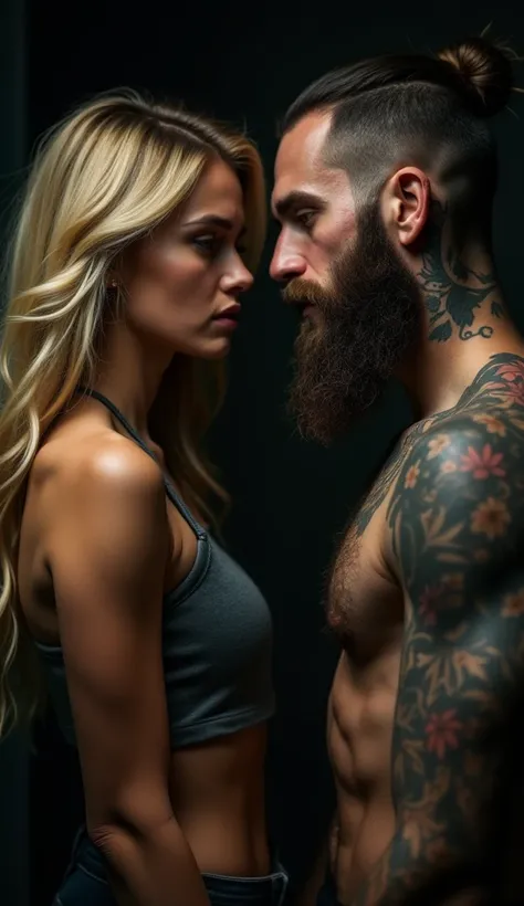 A photo of a young woman with blonde hair topless .She is in a dimly lit room, and in front of her there is a man with tattoos on his arms and a beard looking at her. The young woman has a worried expression and looks at him worriedly. The image is in exce...