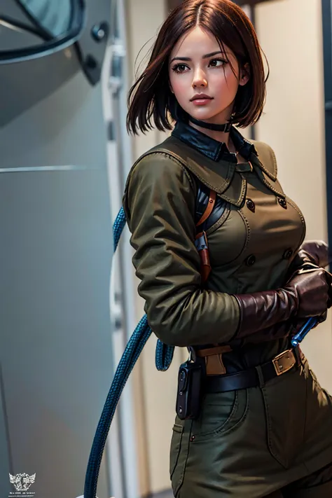 (Best image quality, highest quality, Highest Resolution, Ultra-Realistic Images, Very detailed, masterpiece, 8k), One Woman, Brown medium hair, Khaki military uniform, Leather gloves, ((With a blue whip)), (big Breasts), serious look,  Browsing Caution, h...