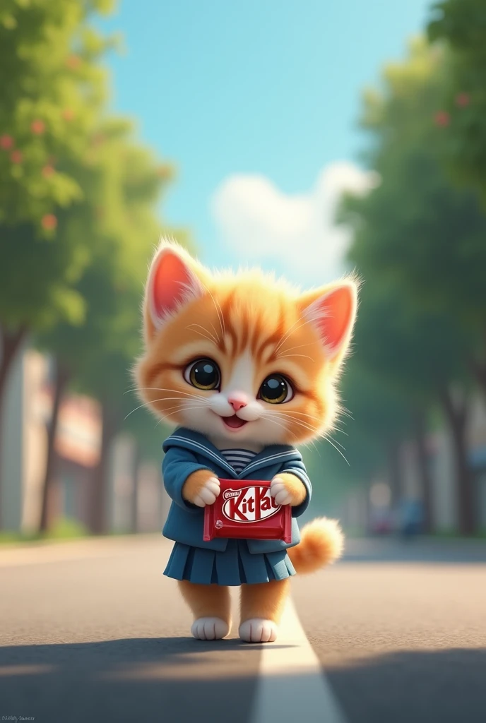  Create a photorealistic image of an adorable kitten wearing school blue uniform holding KitKat chocolate walking on footpath with happy and joyful expressions , the scene captured is from a distance ,showing the kittens small figure against the backdrop o...