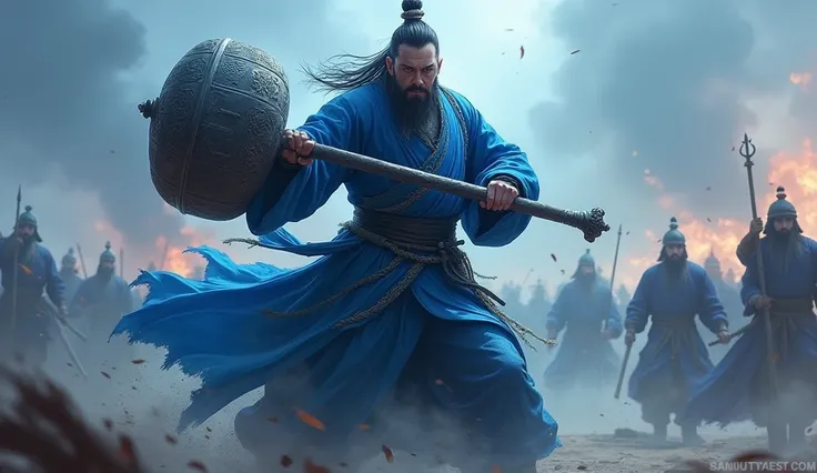 Blue is the main color.. The Three Kingdoms period&#39;s scholar, armed with a large mace, bravely attacked the enemy.