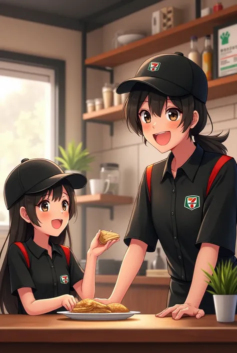 7 eleven cafe , convenient, boy staff wear black cap ,black shirt with red line on shoulder,happy


