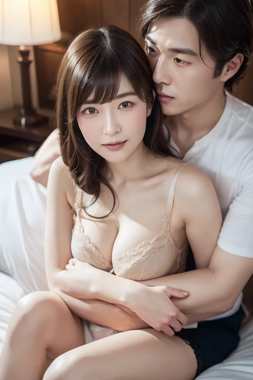 Masterpiece, photo realistic, Japanese man and woman couple, man behind woman, hugging woman from behind, man touching womans breast, man kissing womans neck, sex, caressing, kissing, bra, panties, updo, beautiful detailed eyes, detailed facial expression,...