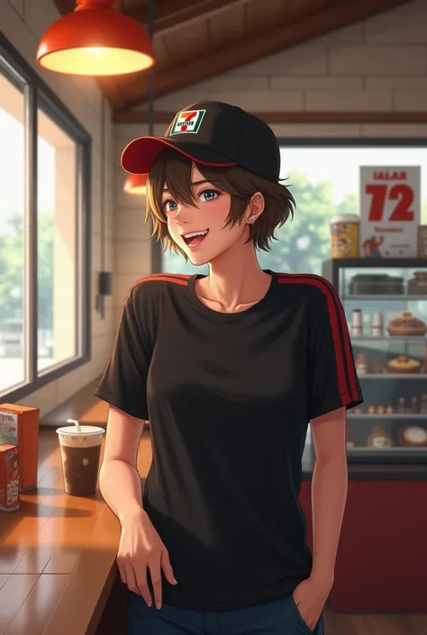 7 eleven cafe , convenient, wear black cap ,black shirt with red line on shoulder,happy


