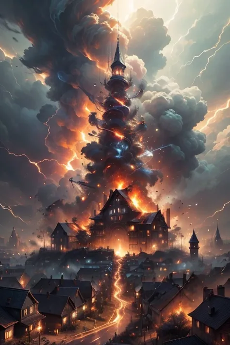 ((Best quality)), ((masterpiece)), ((realistic cartoon)): View from a small village street,Village on fire, Explosions, Multiples Golden Holy Rays of lightning hitting the ground. Destroying a small village, Houses breaking aparts, Peoples panicking in the...