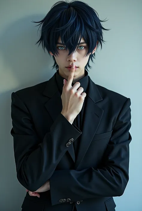 gojo satoru cosplayer, black suite, blue eyes, face expression, finger cross