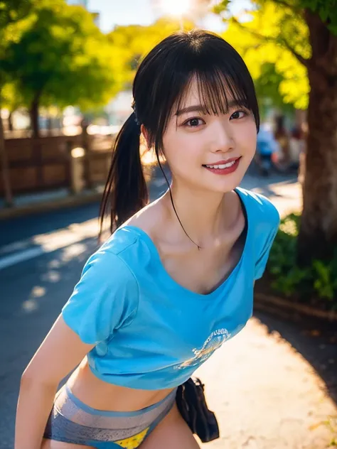 (highest quality,masterpiece:1.3,ultra high resolution),(Super detailed,caustics,8k),(photorealistic:1.4,RAW shooting),1girl,(look down at the camera),(front shot:1.1),(face forward),1,cute,Japanese,(She is pulling her loose T-shirt over her head, )), ((pa...