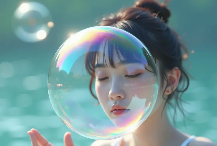 focus on the bubble, Create an image of a soap bubble with an iridescent rainbow pattern on its surface. The bubbles surface should reflect a faint, distorted image of a Japanese naked woman looking the bubble, as if her reflection is subtly projected onto...