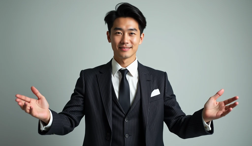 (masterpiece),( Highest quality),( High resolution),30 year old Japanese man,Image of one man,Pinstripe suit,Best,Open your arms