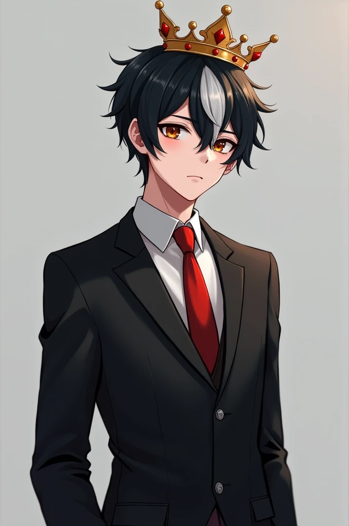 Black suit with a red tie grey pants black and white hair with a crown boy