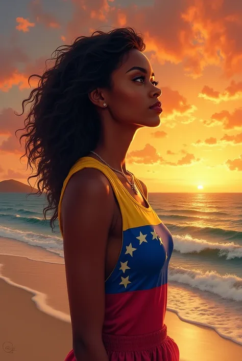 Create an artistic style illustration in vertical format of a dark-skinned woman with a beautiful face, with brown eyes and a hopeful look. Looking towards the horizon at the sun at sunset. Dressed in the colors of the Venezuelan flag. Walking on the sand ...