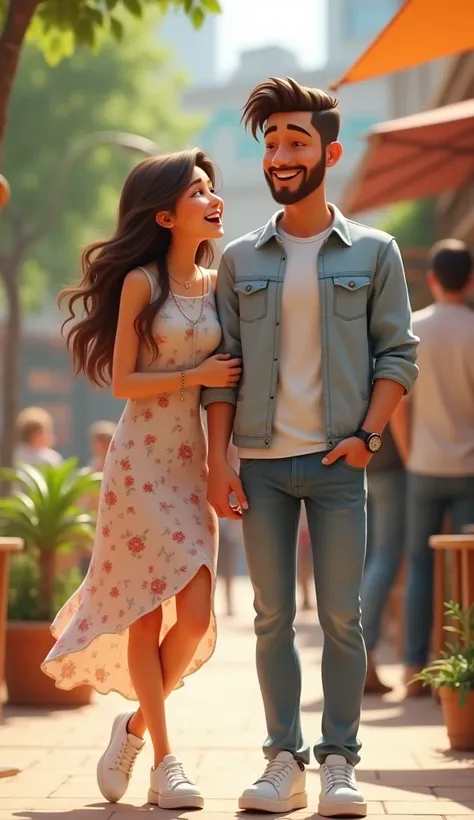 3d Animated style Setting: An informal setting, perhaps a park or coffee shop, where friends or people are nearby.  Create a scene of two loving couples in a playful and light-hearted moment.  The girl is wearing a casual yet stylish outfit: a soft pastel-...