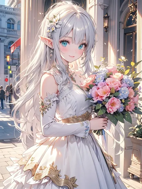 masterpiece, best quality, 1lady, ultra detailed, ultra highres, 8k, well-definded facial features, anatomically correct, cute lady, long pointy ears, elf, nice face, silver hair, green eyes, rainbow  dress, hair flower, full-face blush, holding bouquet, s...