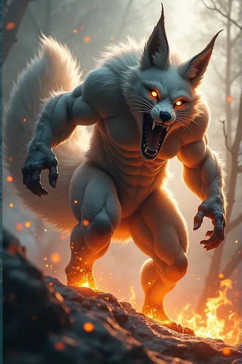 A feral male kitsune with large testicles, fire and water powers, extremely detailed, hyperrealistic, 8k, cinematic lighting, dramatic pose, glowing eyes, sharp fangs, muscular body, flowing fur, dynamic action, fantasy art, digital painting