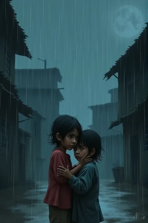 In the background, the village is shrouded in darkness, with the rain drenching everything in sight."chotu and his sister duddi 