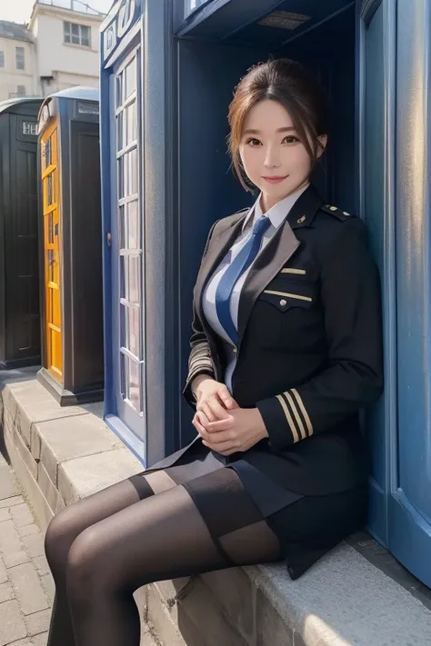 ((Highest quality, 8k, masterpiece, Portraiture: 1.3)), (Looking at the audience), (Full Shot:0.85), 魅力的なMature Woman, 1 person, A little thick:0.35,Random hairstyle in brown color、((Female police officer)),((Big 2.3)) (Large pelvis:0.8), ((Sitting)), smil...